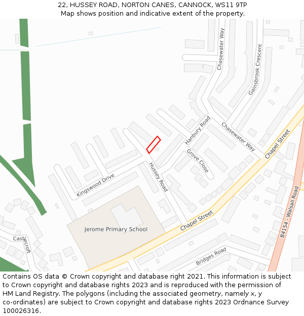 22, HUSSEY ROAD, NORTON CANES, CANNOCK, WS11 9TP: Location map and indicative extent of plot