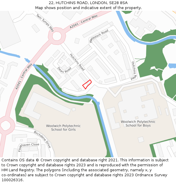 22, HUTCHINS ROAD, LONDON, SE28 8SA: Location map and indicative extent of plot