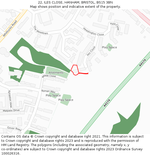 22, ILES CLOSE, HANHAM, BRISTOL, BS15 3BN: Location map and indicative extent of plot