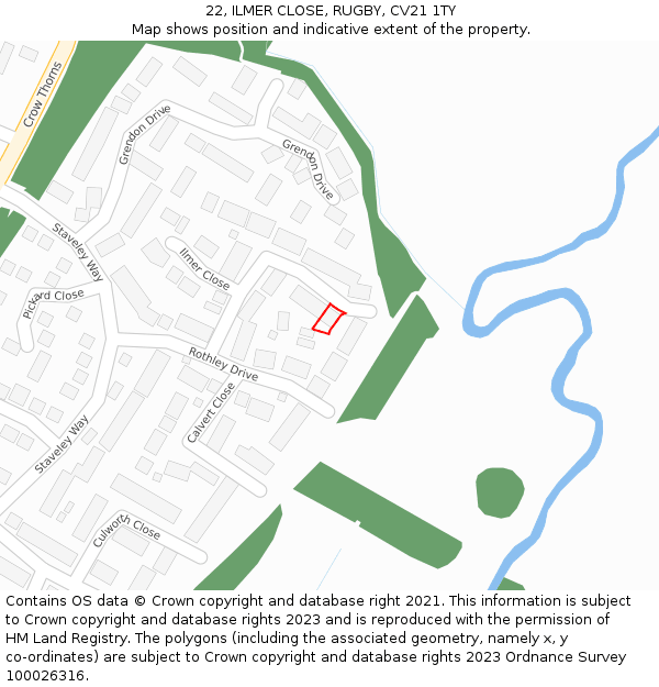 22, ILMER CLOSE, RUGBY, CV21 1TY: Location map and indicative extent of plot