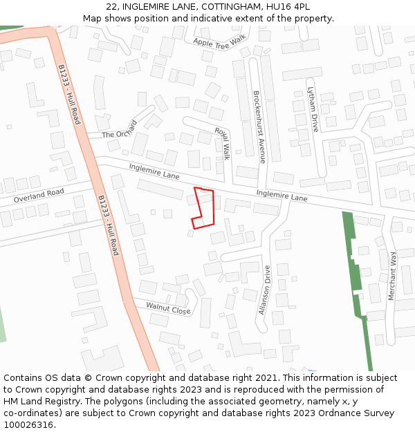 22, INGLEMIRE LANE, COTTINGHAM, HU16 4PL: Location map and indicative extent of plot
