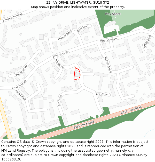 22, IVY DRIVE, LIGHTWATER, GU18 5YZ: Location map and indicative extent of plot