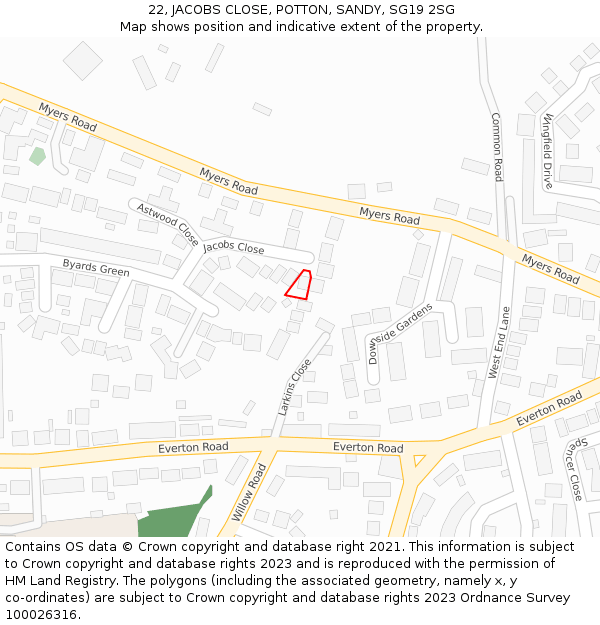 22, JACOBS CLOSE, POTTON, SANDY, SG19 2SG: Location map and indicative extent of plot