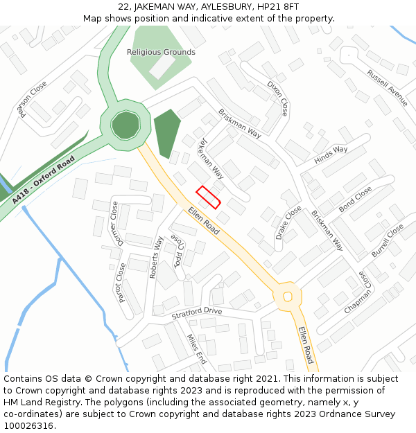 22, JAKEMAN WAY, AYLESBURY, HP21 8FT: Location map and indicative extent of plot