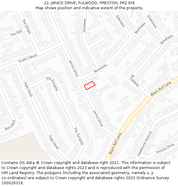 22, JANICE DRIVE, FULWOOD, PRESTON, PR2 9YE: Location map and indicative extent of plot