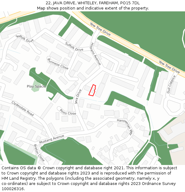 22, JAVA DRIVE, WHITELEY, FAREHAM, PO15 7DL: Location map and indicative extent of plot