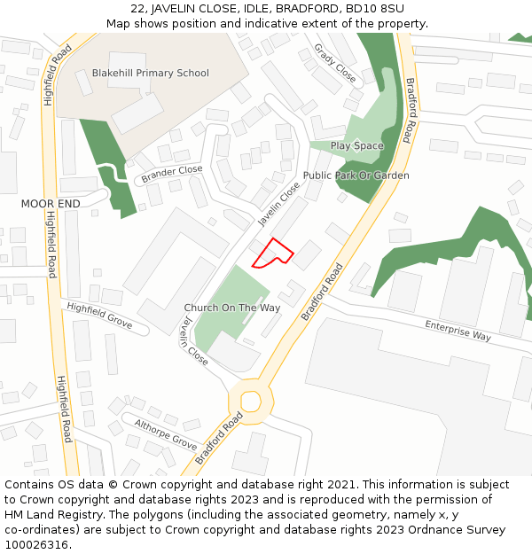 22, JAVELIN CLOSE, IDLE, BRADFORD, BD10 8SU: Location map and indicative extent of plot