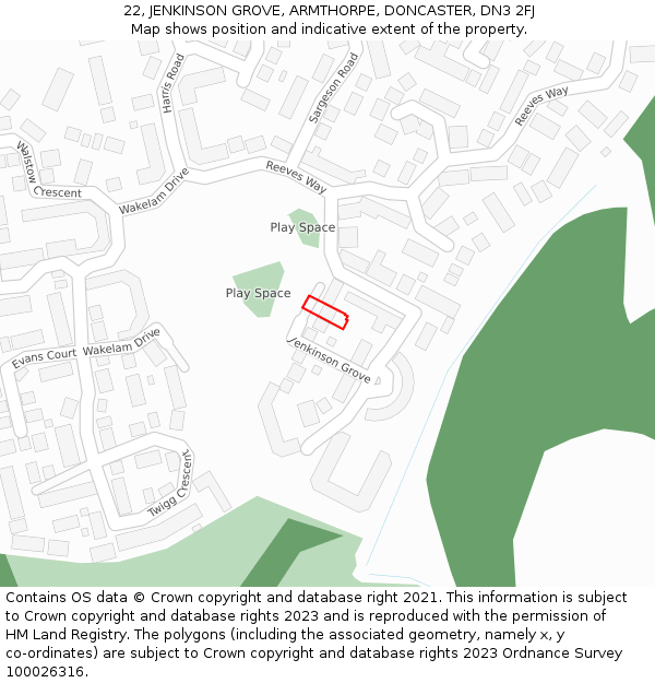 22, JENKINSON GROVE, ARMTHORPE, DONCASTER, DN3 2FJ: Location map and indicative extent of plot