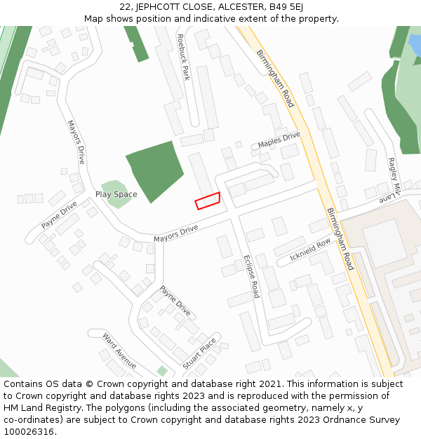 22, JEPHCOTT CLOSE, ALCESTER, B49 5EJ: Location map and indicative extent of plot