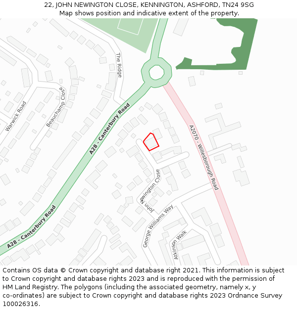 22, JOHN NEWINGTON CLOSE, KENNINGTON, ASHFORD, TN24 9SG: Location map and indicative extent of plot