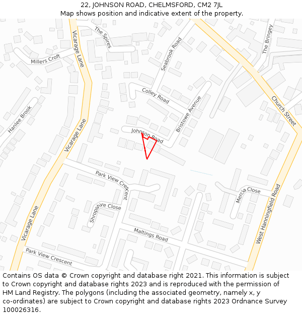 22, JOHNSON ROAD, CHELMSFORD, CM2 7JL: Location map and indicative extent of plot