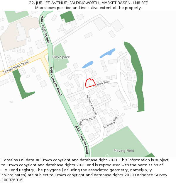 22, JUBILEE AVENUE, FALDINGWORTH, MARKET RASEN, LN8 3FF: Location map and indicative extent of plot