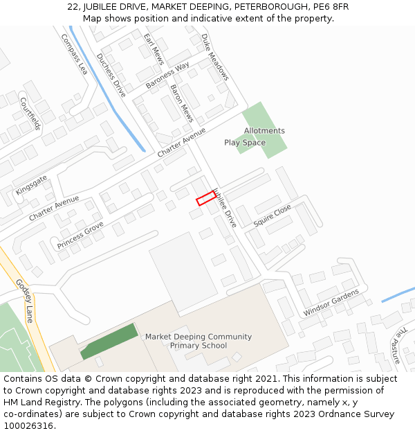 22, JUBILEE DRIVE, MARKET DEEPING, PETERBOROUGH, PE6 8FR: Location map and indicative extent of plot