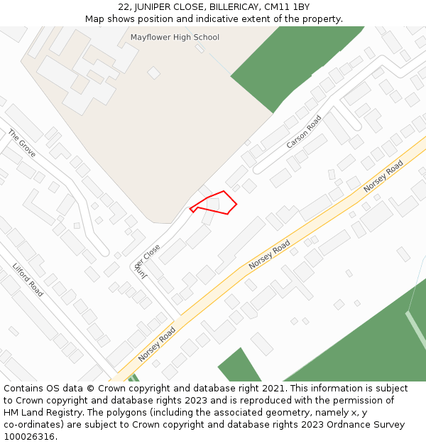 22, JUNIPER CLOSE, BILLERICAY, CM11 1BY: Location map and indicative extent of plot
