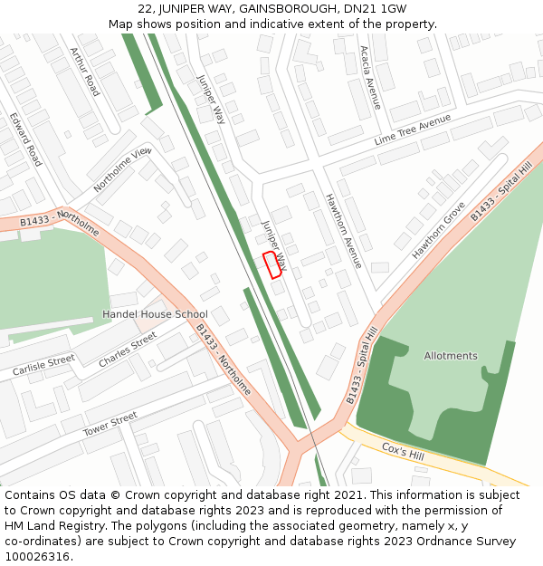 22, JUNIPER WAY, GAINSBOROUGH, DN21 1GW: Location map and indicative extent of plot