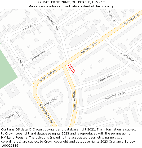 22, KATHERINE DRIVE, DUNSTABLE, LU5 4NT: Location map and indicative extent of plot