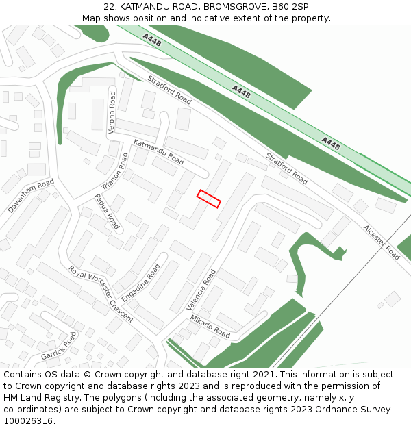 22, KATMANDU ROAD, BROMSGROVE, B60 2SP: Location map and indicative extent of plot