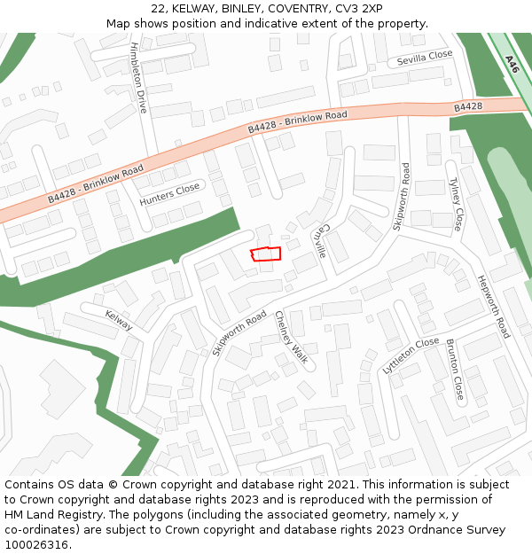 22, KELWAY, BINLEY, COVENTRY, CV3 2XP: Location map and indicative extent of plot