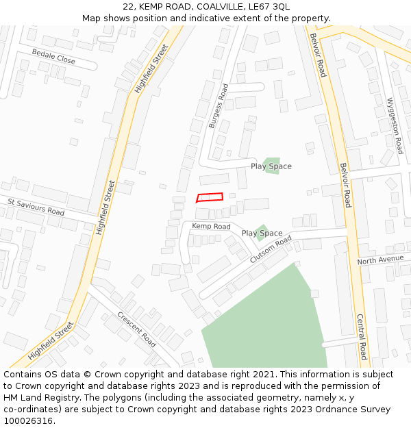 22, KEMP ROAD, COALVILLE, LE67 3QL: Location map and indicative extent of plot
