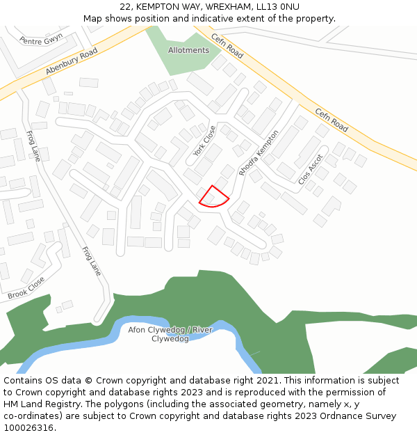 22, KEMPTON WAY, WREXHAM, LL13 0NU: Location map and indicative extent of plot