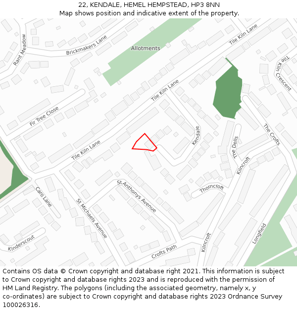 22, KENDALE, HEMEL HEMPSTEAD, HP3 8NN: Location map and indicative extent of plot