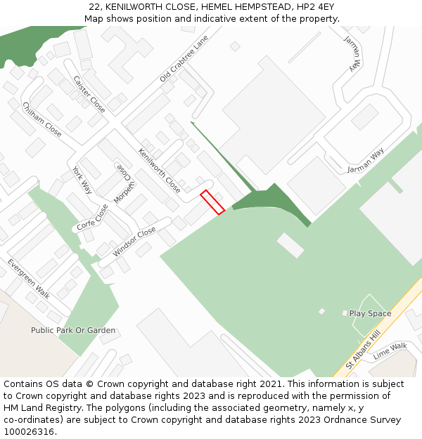 22, KENILWORTH CLOSE, HEMEL HEMPSTEAD, HP2 4EY: Location map and indicative extent of plot