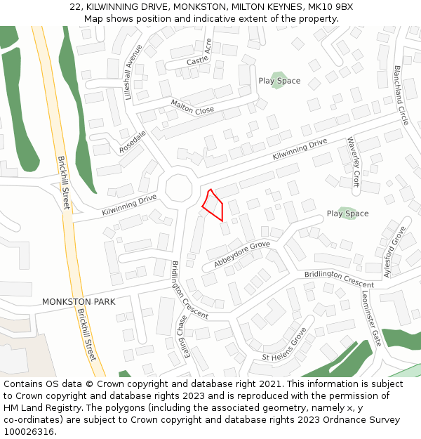 22, KILWINNING DRIVE, MONKSTON, MILTON KEYNES, MK10 9BX: Location map and indicative extent of plot