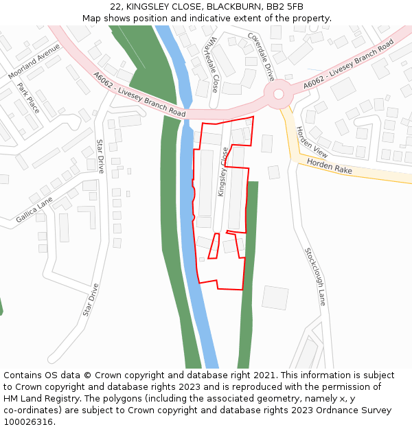 22, KINGSLEY CLOSE, BLACKBURN, BB2 5FB: Location map and indicative extent of plot