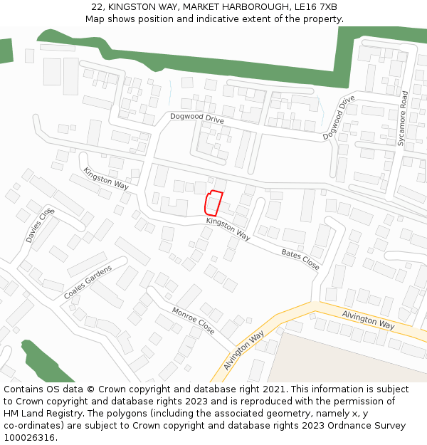 22, KINGSTON WAY, MARKET HARBOROUGH, LE16 7XB: Location map and indicative extent of plot