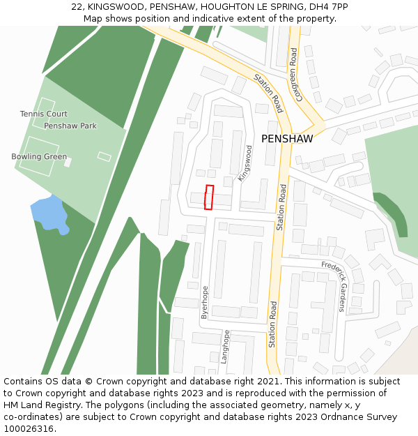 22, KINGSWOOD, PENSHAW, HOUGHTON LE SPRING, DH4 7PP: Location map and indicative extent of plot