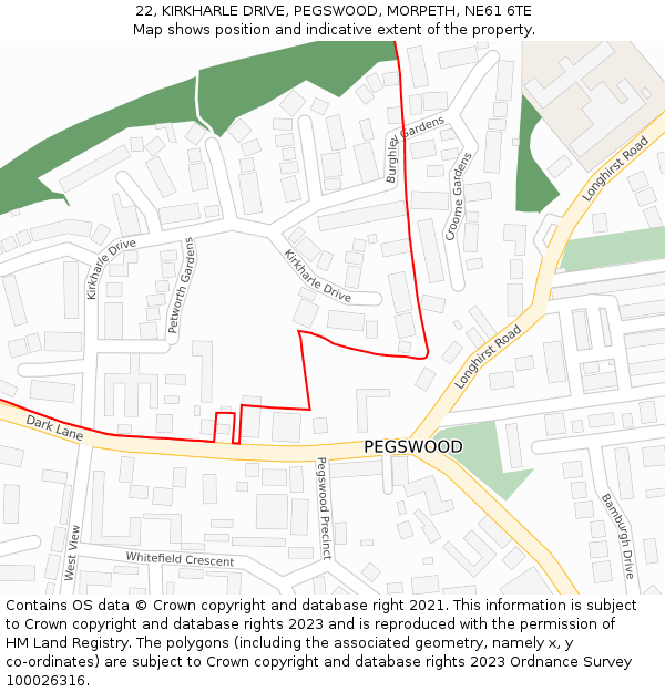 22, KIRKHARLE DRIVE, PEGSWOOD, MORPETH, NE61 6TE: Location map and indicative extent of plot