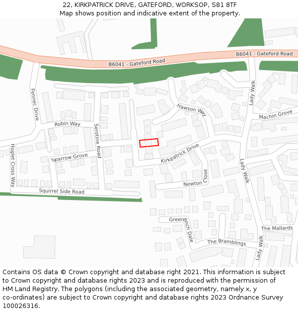 22, KIRKPATRICK DRIVE, GATEFORD, WORKSOP, S81 8TF: Location map and indicative extent of plot