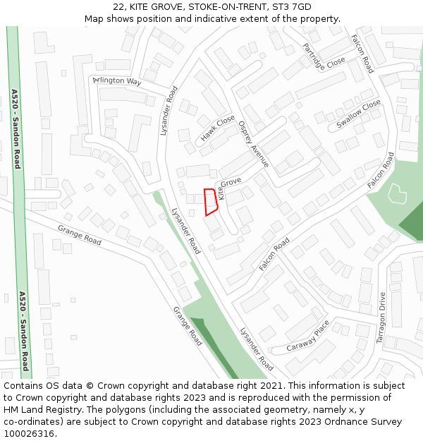 22, KITE GROVE, STOKE-ON-TRENT, ST3 7GD: Location map and indicative extent of plot