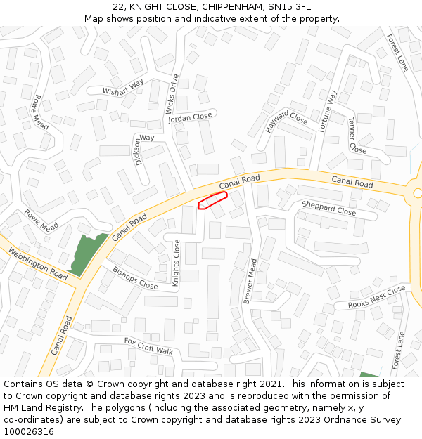 22, KNIGHT CLOSE, CHIPPENHAM, SN15 3FL: Location map and indicative extent of plot