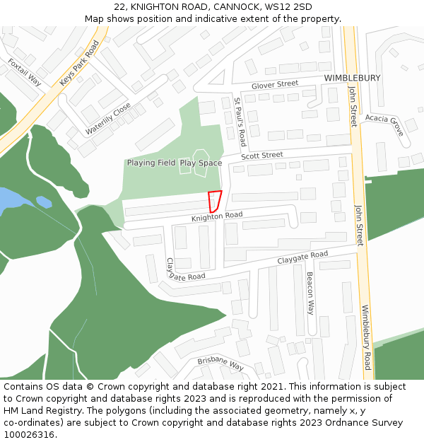 22, KNIGHTON ROAD, CANNOCK, WS12 2SD: Location map and indicative extent of plot