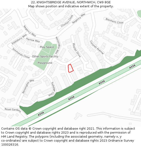22, KNIGHTSBRIDGE AVENUE, NORTHWICH, CW9 8GE: Location map and indicative extent of plot