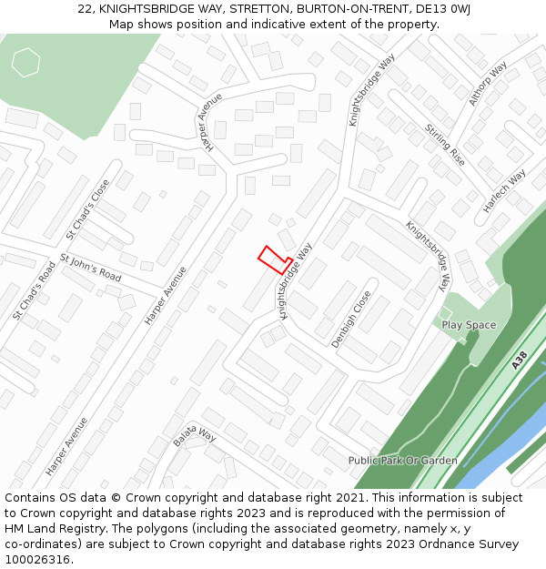 22, KNIGHTSBRIDGE WAY, STRETTON, BURTON-ON-TRENT, DE13 0WJ: Location map and indicative extent of plot