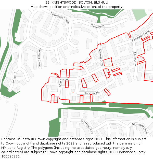 22, KNIGHTSWOOD, BOLTON, BL3 4UU: Location map and indicative extent of plot