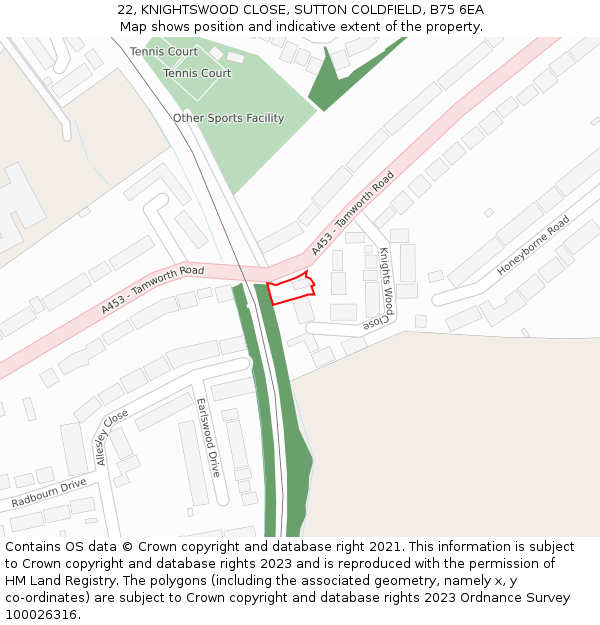 22, KNIGHTSWOOD CLOSE, SUTTON COLDFIELD, B75 6EA: Location map and indicative extent of plot