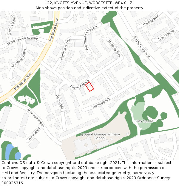 22, KNOTTS AVENUE, WORCESTER, WR4 0HZ: Location map and indicative extent of plot