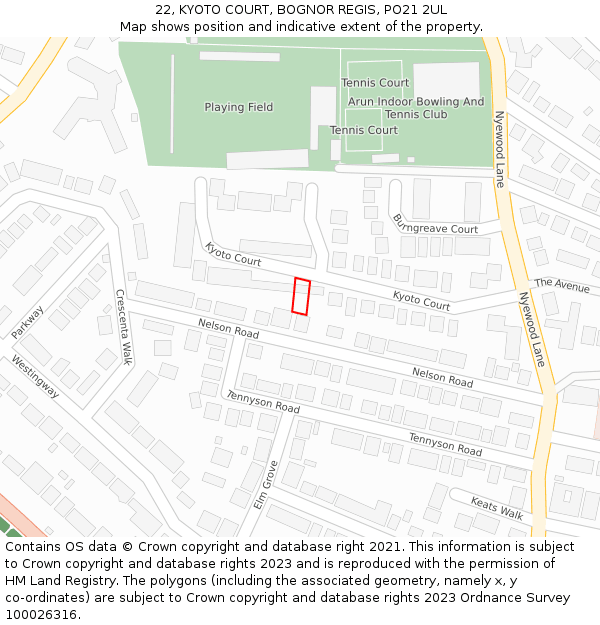 22, KYOTO COURT, BOGNOR REGIS, PO21 2UL: Location map and indicative extent of plot