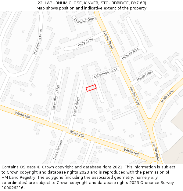 22, LABURNUM CLOSE, KINVER, STOURBRIDGE, DY7 6BJ: Location map and indicative extent of plot