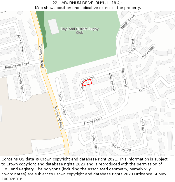 22, LABURNUM DRIVE, RHYL, LL18 4JH: Location map and indicative extent of plot