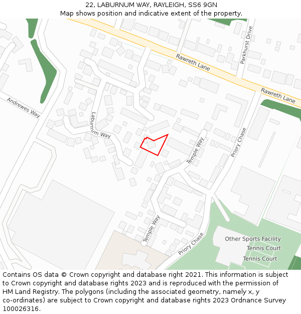 22, LABURNUM WAY, RAYLEIGH, SS6 9GN: Location map and indicative extent of plot