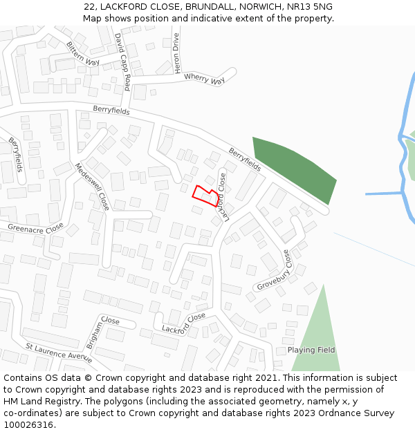 22, LACKFORD CLOSE, BRUNDALL, NORWICH, NR13 5NG: Location map and indicative extent of plot