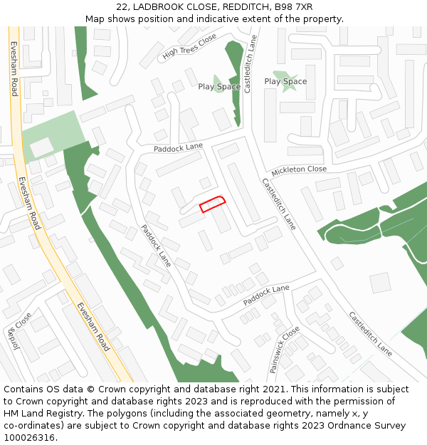 22, LADBROOK CLOSE, REDDITCH, B98 7XR: Location map and indicative extent of plot
