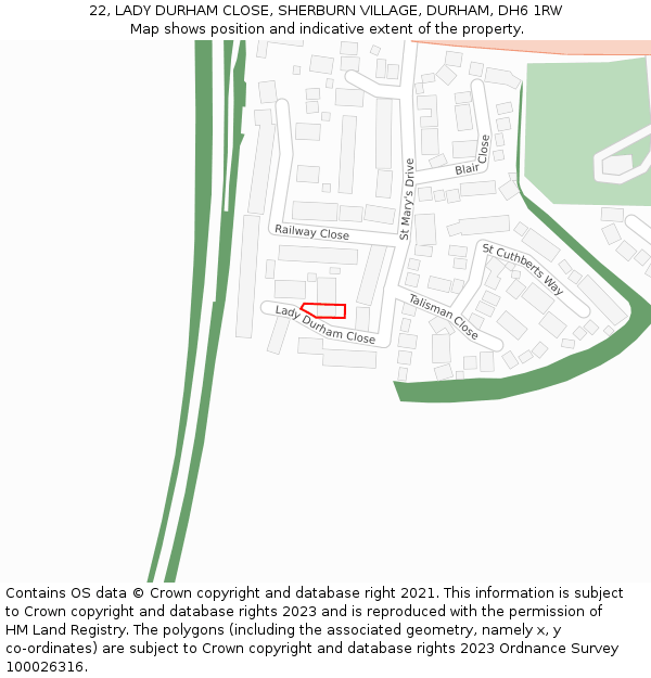 22, LADY DURHAM CLOSE, SHERBURN VILLAGE, DURHAM, DH6 1RW: Location map and indicative extent of plot
