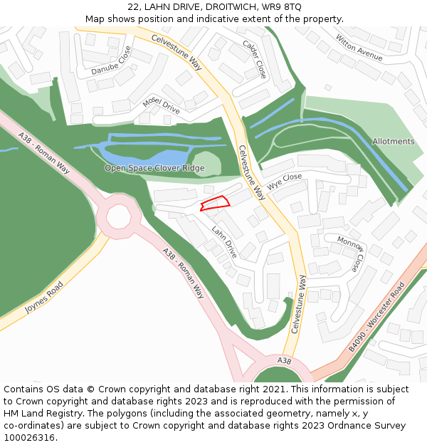22, LAHN DRIVE, DROITWICH, WR9 8TQ: Location map and indicative extent of plot