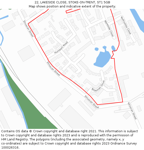 22, LAKESIDE CLOSE, STOKE-ON-TRENT, ST1 5GB: Location map and indicative extent of plot