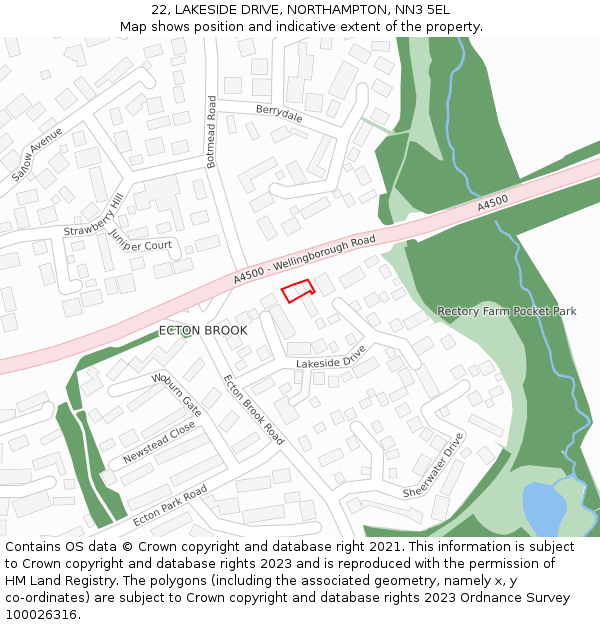 22, LAKESIDE DRIVE, NORTHAMPTON, NN3 5EL: Location map and indicative extent of plot